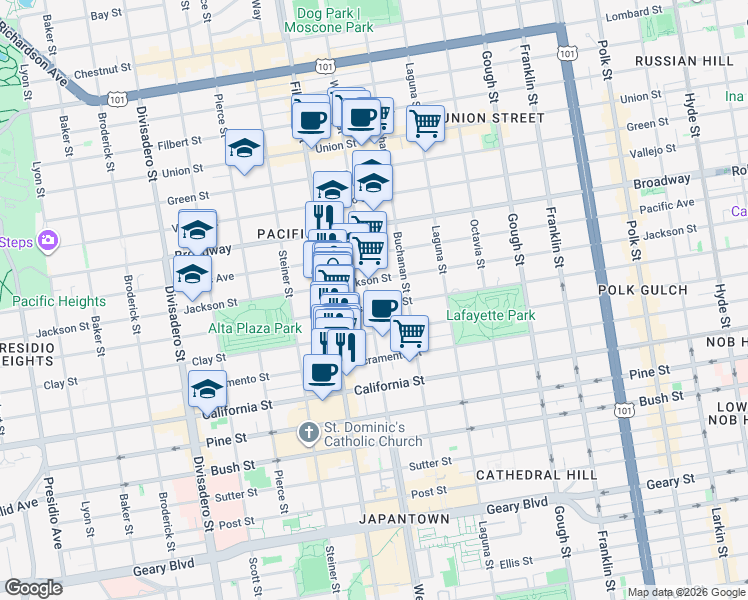 map of restaurants, bars, coffee shops, grocery stores, and more near 2321 Webster Street in San Francisco