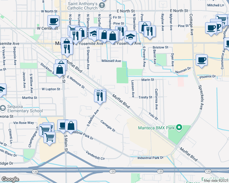 map of restaurants, bars, coffee shops, grocery stores, and more near 69 Moffat Boulevard in Manteca