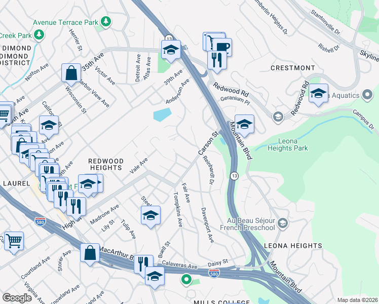 map of restaurants, bars, coffee shops, grocery stores, and more near in Oakland