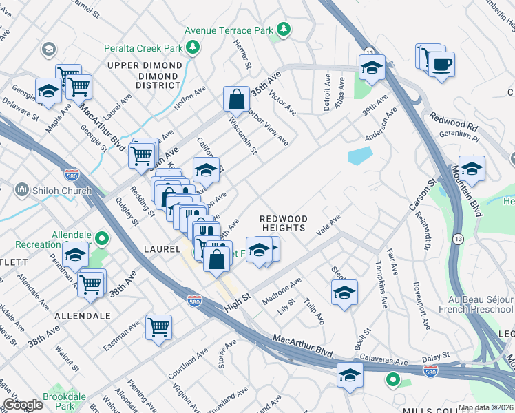 map of restaurants, bars, coffee shops, grocery stores, and more near 3906 39th Avenue in Oakland