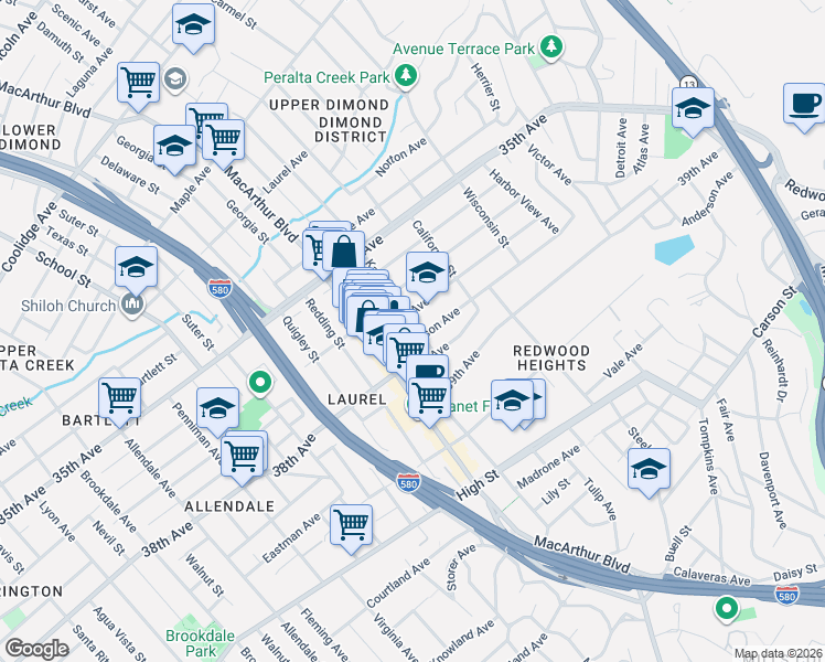 map of restaurants, bars, coffee shops, grocery stores, and more near 3801 Kansas Street in Oakland