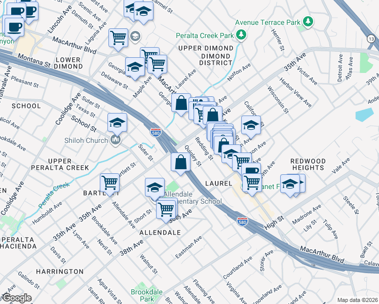 map of restaurants, bars, coffee shops, grocery stores, and more near 3518 Quigley Street in Oakland