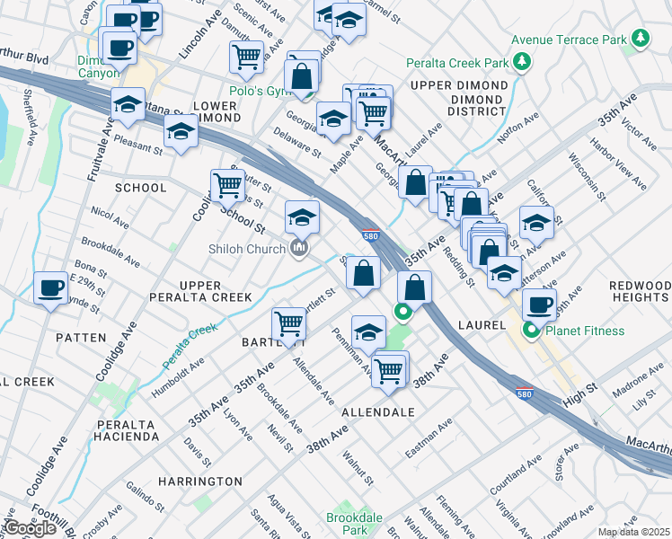 map of restaurants, bars, coffee shops, grocery stores, and more near 3361 Suter Street in Oakland
