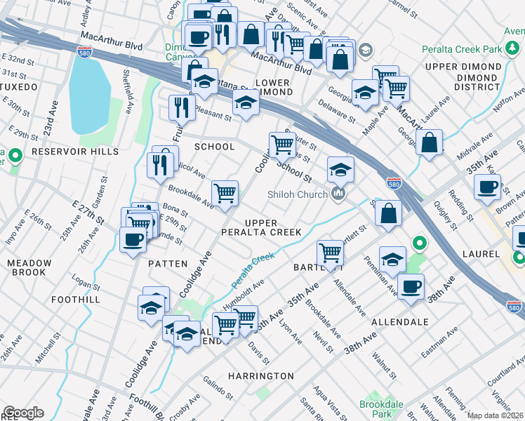 map of restaurants, bars, coffee shops, grocery stores, and more near 3034 Pleitner Avenue in Oakland