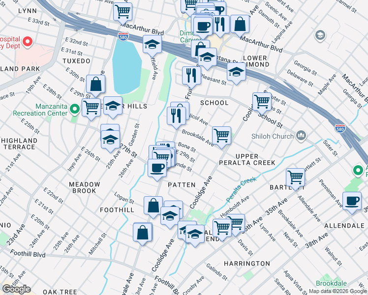 map of restaurants, bars, coffee shops, grocery stores, and more near 2930 Bona Street in Oakland