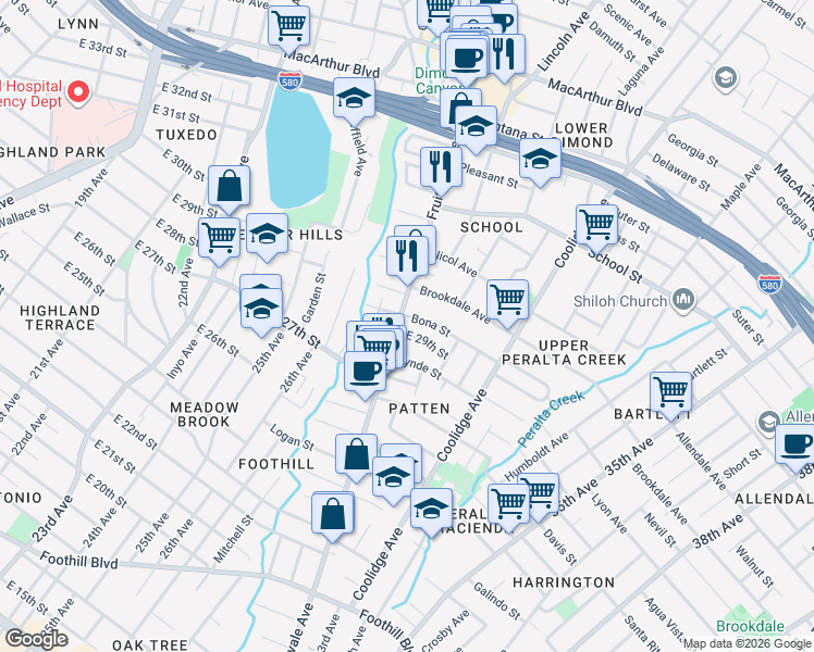 map of restaurants, bars, coffee shops, grocery stores, and more near 2930 Bona Street in Oakland