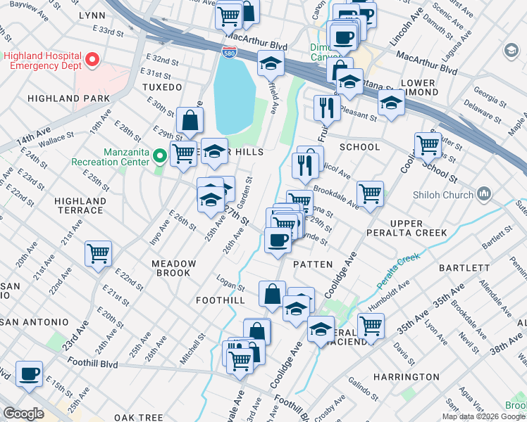 map of restaurants, bars, coffee shops, grocery stores, and more near 2768 26th Avenue in Oakland