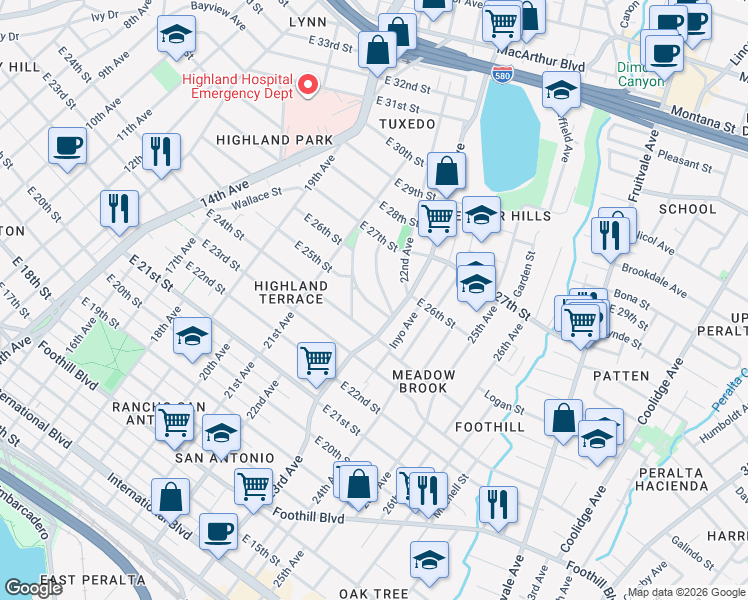 map of restaurants, bars, coffee shops, grocery stores, and more near 2557 Wakefield Avenue in Oakland