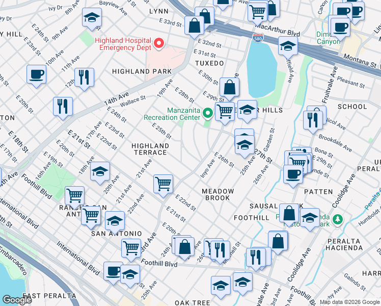 map of restaurants, bars, coffee shops, grocery stores, and more near 2557 Wakefield Avenue in Oakland