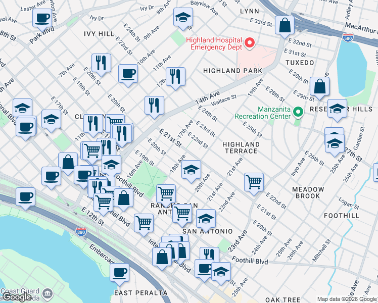map of restaurants, bars, coffee shops, grocery stores, and more near 1815 East 22nd Street in Oakland