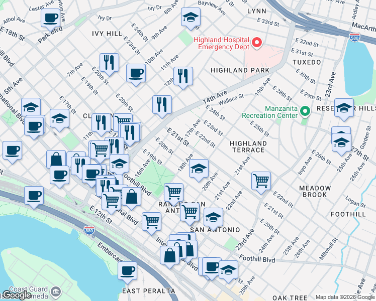 map of restaurants, bars, coffee shops, grocery stores, and more near 1714 East 21st Street in Oakland