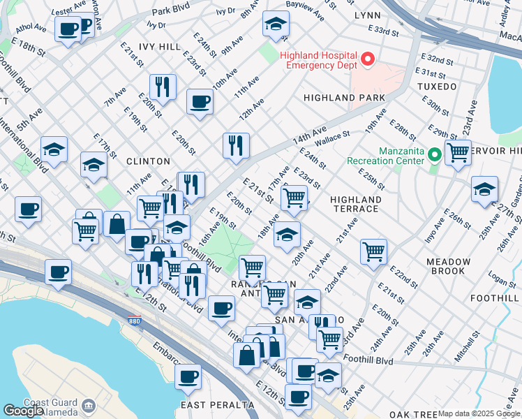 map of restaurants, bars, coffee shops, grocery stores, and more near 1714 East 21st Street in Oakland