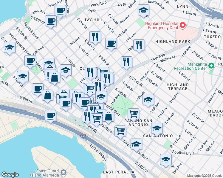 map of restaurants, bars, coffee shops, grocery stores, and more near 1847 13th Avenue in Oakland