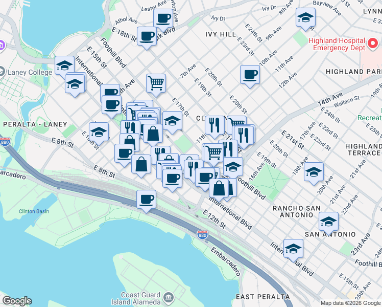 map of restaurants, bars, coffee shops, grocery stores, and more near 1101 Foothill Boulevard in Oakland