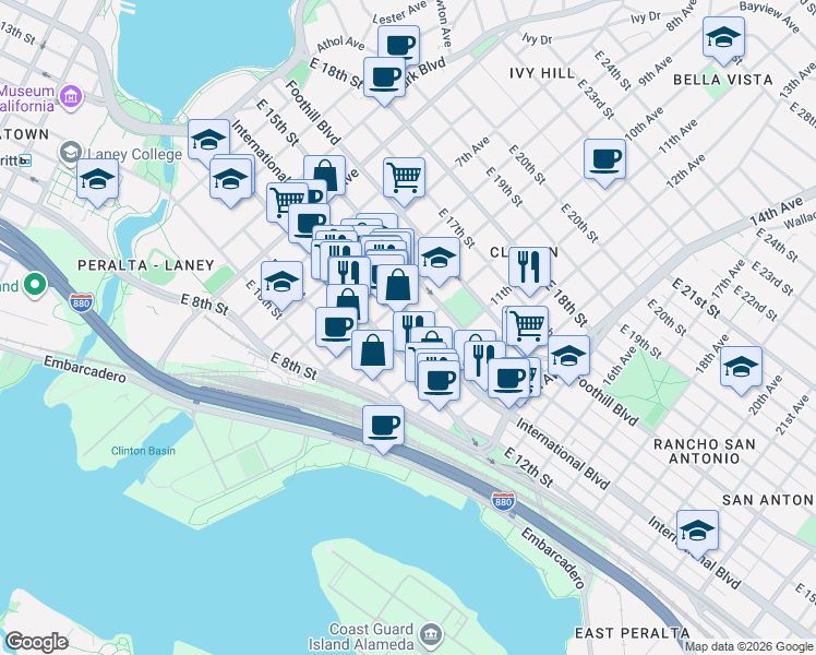 map of restaurants, bars, coffee shops, grocery stores, and more near 928 International Boulevard in Oakland