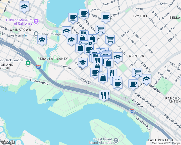 map of restaurants, bars, coffee shops, grocery stores, and more near 745 East 12th Street in Oakland