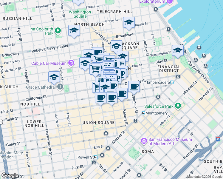 map of restaurants, bars, coffee shops, grocery stores, and more near 700 California Street in San Francisco