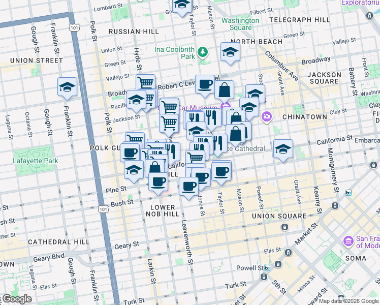 map of restaurants, bars, coffee shops, grocery stores, and more near 1324 Sacramento Street in San Francisco