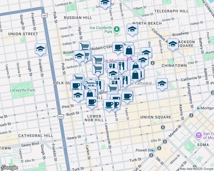map of restaurants, bars, coffee shops, grocery stores, and more near in San Francisco