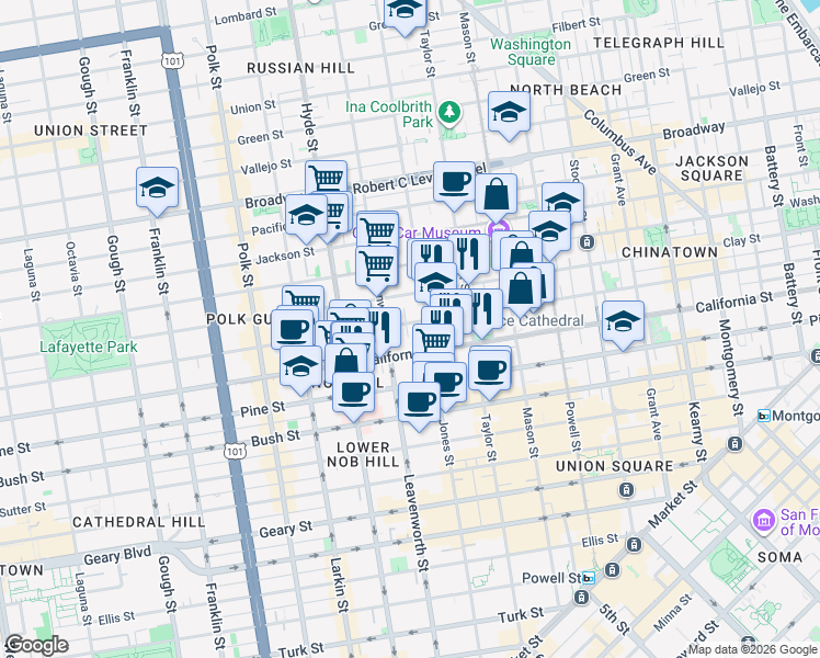 map of restaurants, bars, coffee shops, grocery stores, and more near in San Francisco