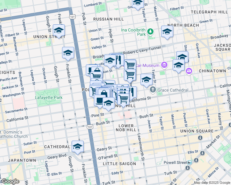 map of restaurants, bars, coffee shops, grocery stores, and more near 1251 Hyde Street in San Francisco