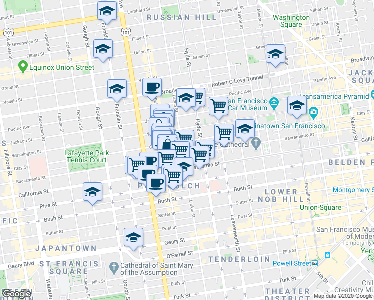 map of restaurants, bars, coffee shops, grocery stores, and more near 1565 Larkin Street in San Francisco
