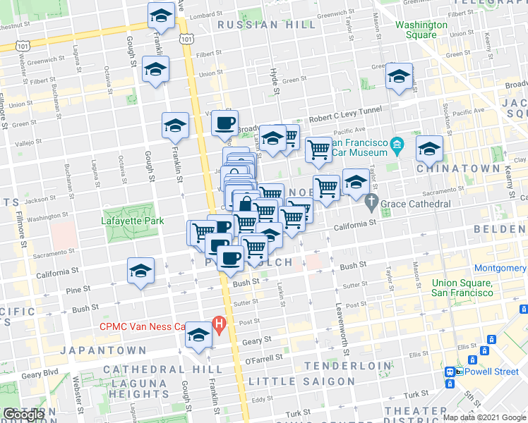 map of restaurants, bars, coffee shops, grocery stores, and more near 1565 Larkin Street in San Francisco