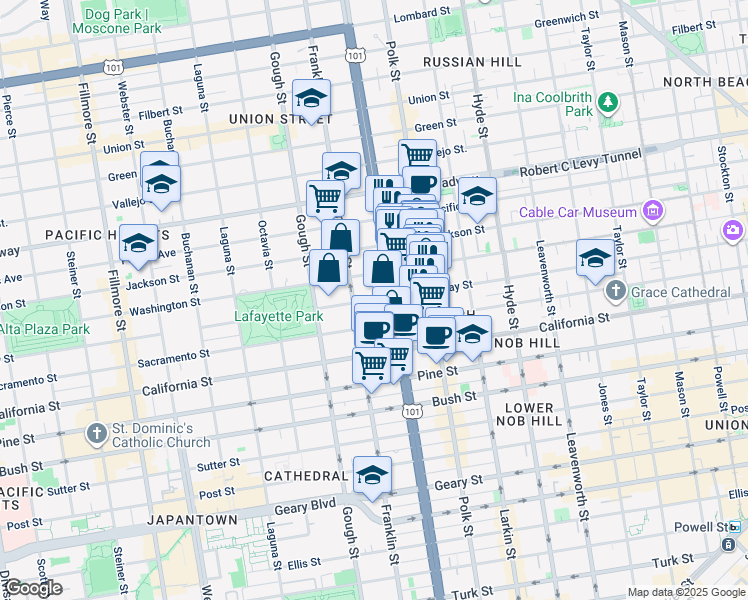 map of restaurants, bars, coffee shops, grocery stores, and more near 1920 Franklin Street in San Francisco