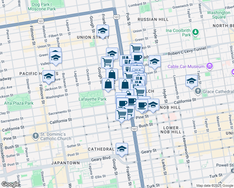 map of restaurants, bars, coffee shops, grocery stores, and more near 1920 Franklin Street in San Francisco