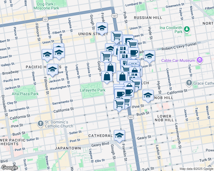 map of restaurants, bars, coffee shops, grocery stores, and more near 1945 Washington Street in San Francisco