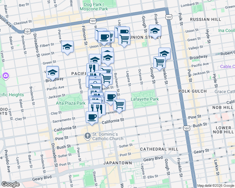 map of restaurants, bars, coffee shops, grocery stores, and more near 2439 Buchanan Street in San Francisco
