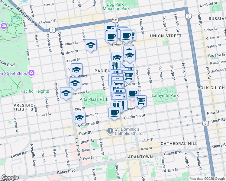 map of restaurants, bars, coffee shops, grocery stores, and more near 2380 Jackson Street in San Francisco