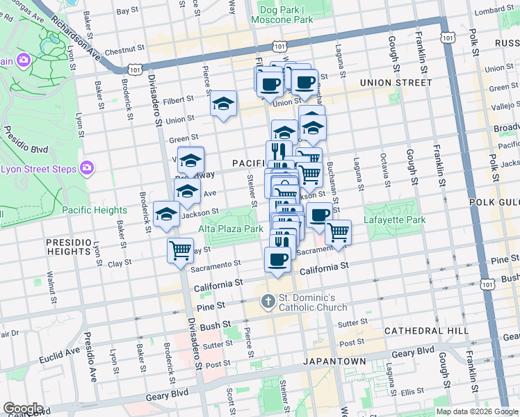 map of restaurants, bars, coffee shops, grocery stores, and more near 2442 Jackson Street in San Francisco
