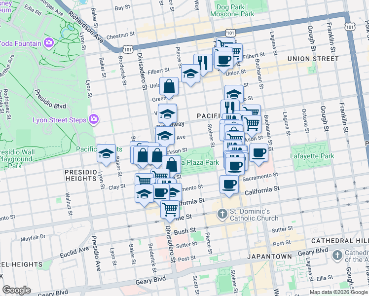 map of restaurants, bars, coffee shops, grocery stores, and more near 2629 Pacific Avenue in San Francisco