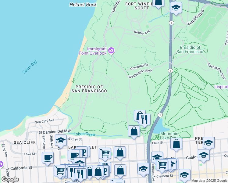 map of restaurants, bars, coffee shops, grocery stores, and more near 1555 Murray Lane in San Francisco