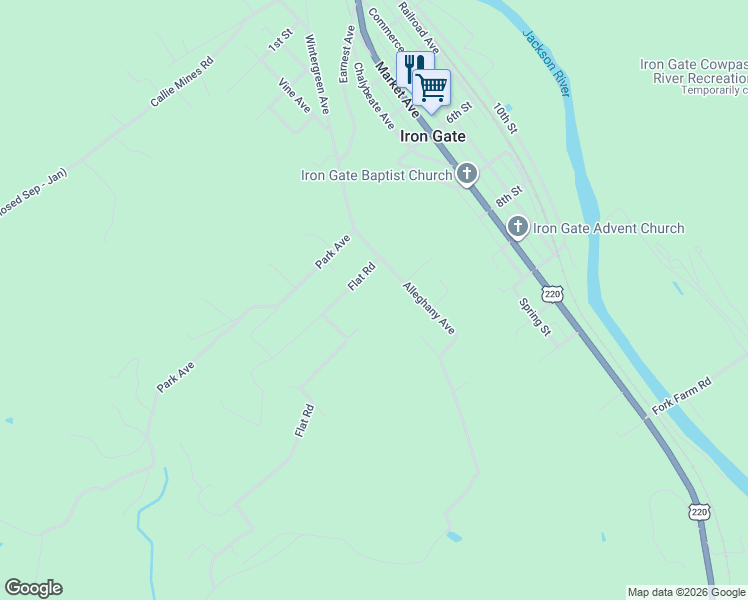 map of restaurants, bars, coffee shops, grocery stores, and more near 77 Flat Road in Clifton Forge