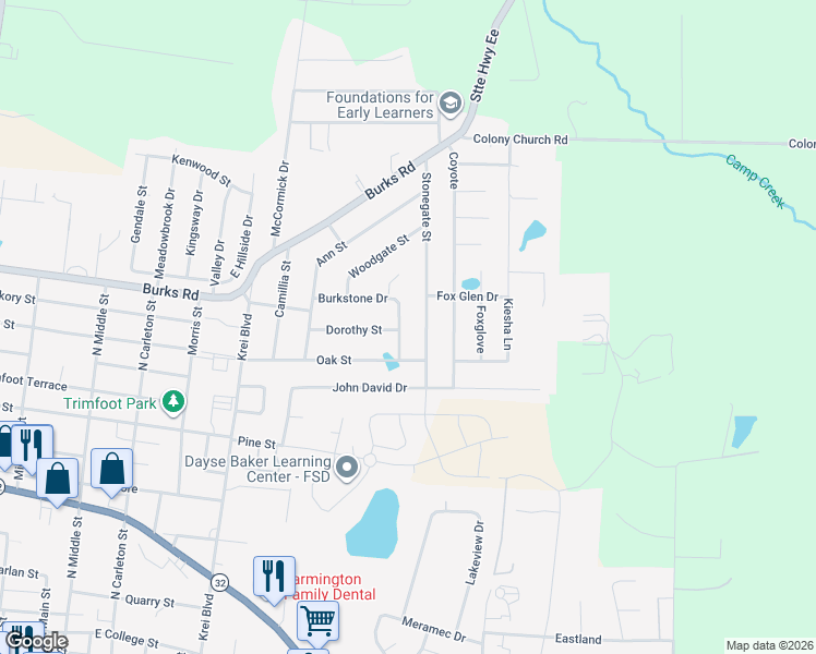 map of restaurants, bars, coffee shops, grocery stores, and more near 1409 Stonegate Street in Farmington