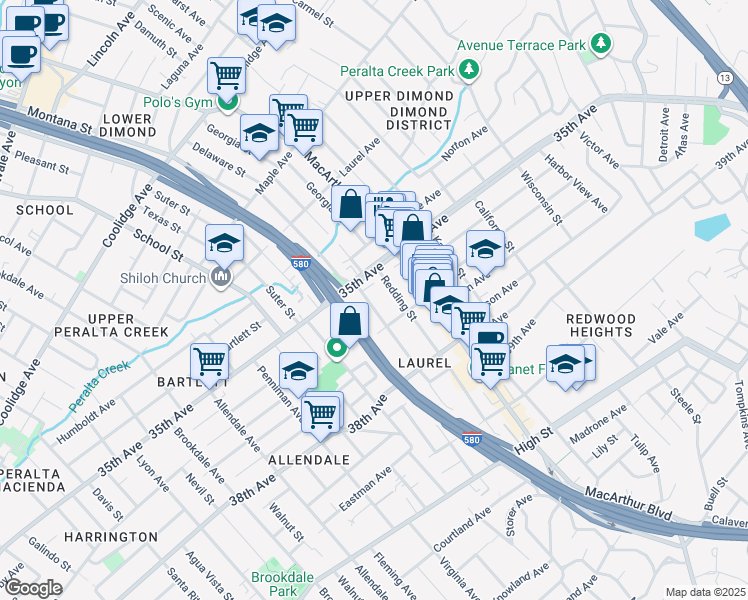 map of restaurants, bars, coffee shops, grocery stores, and more near 3538 Quigley Street in Oakland