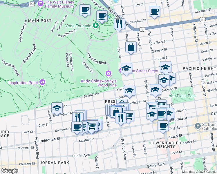 map of restaurants, bars, coffee shops, grocery stores, and more near 2227 West Pacific Avenue in San Francisco
