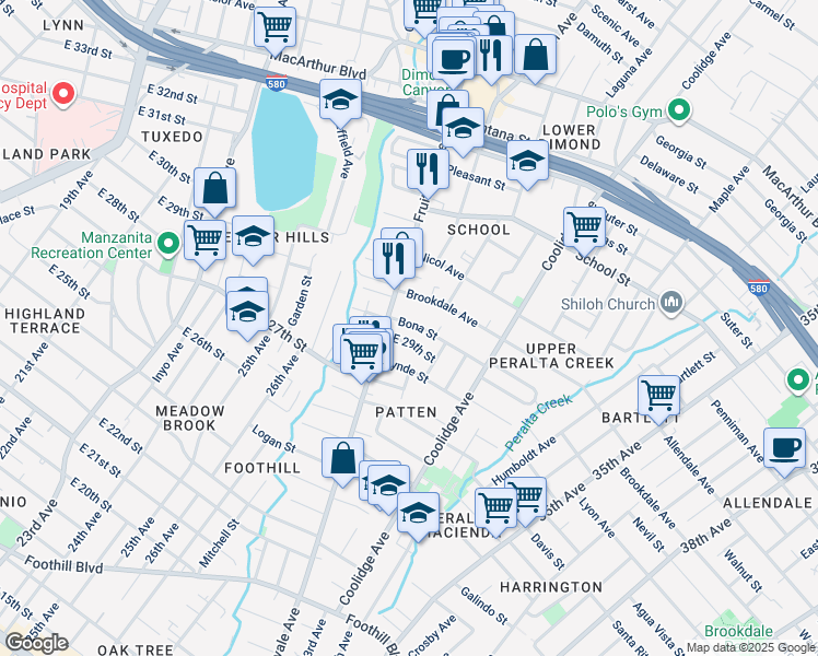 map of restaurants, bars, coffee shops, grocery stores, and more near 2937 Bona Street in Oakland