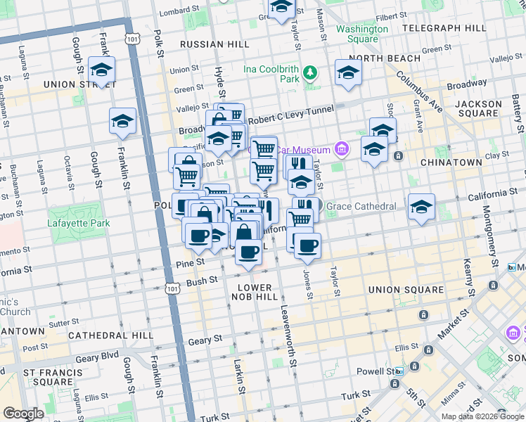 map of restaurants, bars, coffee shops, grocery stores, and more near 1427 Sacramento St in San Francisco
