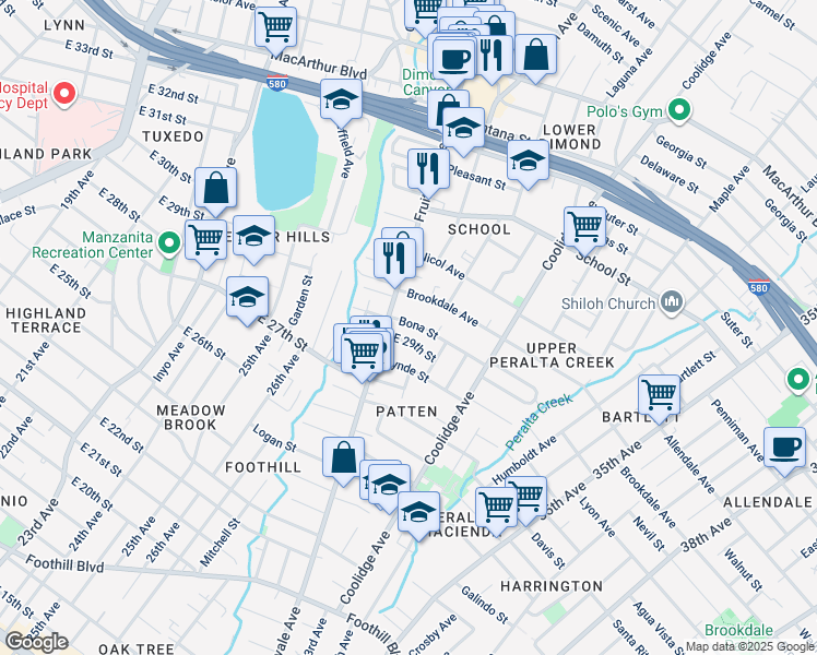 map of restaurants, bars, coffee shops, grocery stores, and more near 2937 Bona Street in Oakland
