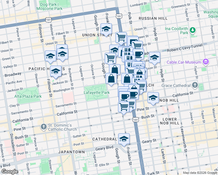 map of restaurants, bars, coffee shops, grocery stores, and more near 2010 Gough Street in San Francisco