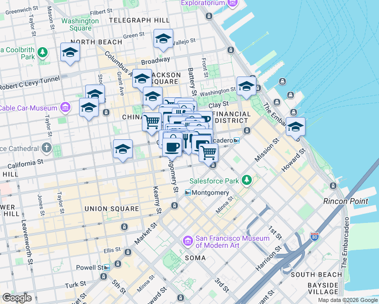 map of restaurants, bars, coffee shops, grocery stores, and more near Pine St & Sansome St in San Francisco