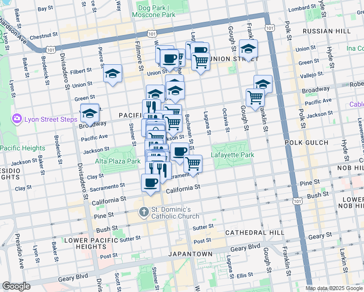 map of restaurants, bars, coffee shops, grocery stores, and more near 2350 Washington Street in San Francisco