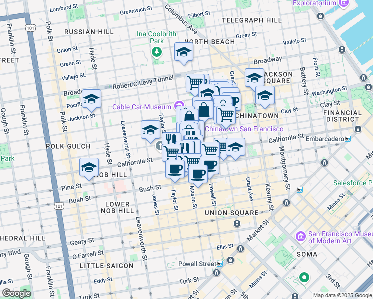 map of restaurants, bars, coffee shops, grocery stores, and more near 926 Mason Street in San Francisco