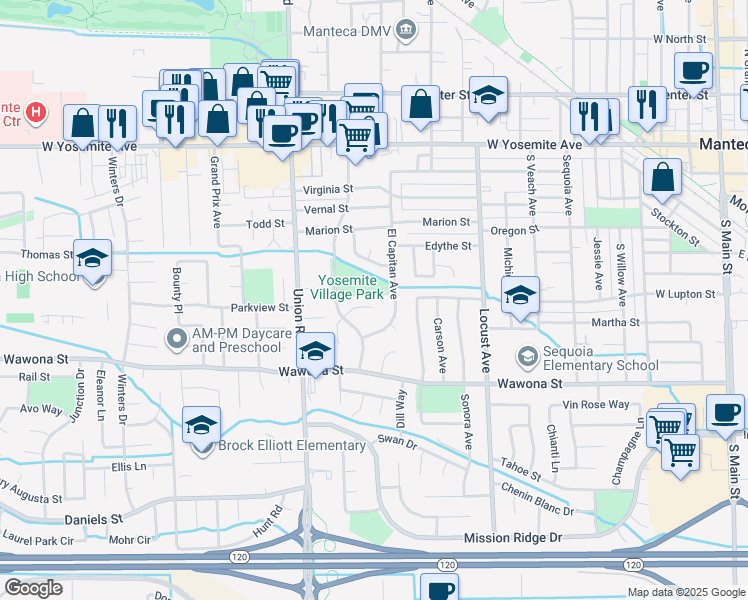 map of restaurants, bars, coffee shops, grocery stores, and more near 1015 Tenaya Court in Manteca