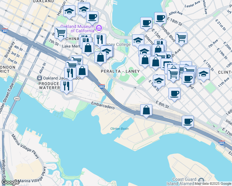 map of restaurants, bars, coffee shops, grocery stores, and more near 333 East 8th Street in Oakland