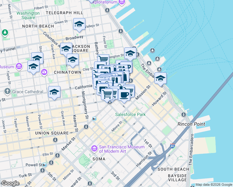map of restaurants, bars, coffee shops, grocery stores, and more near 388 Market Street in San Francisco