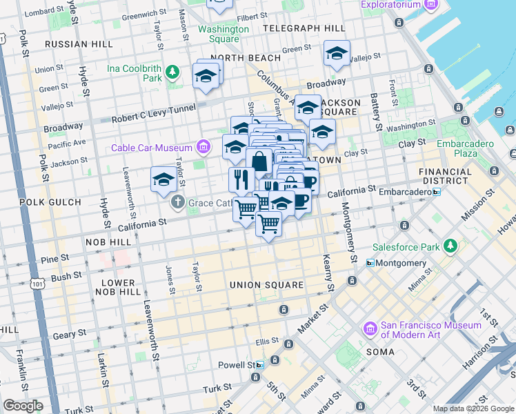 map of restaurants, bars, coffee shops, grocery stores, and more near 790 California Street in San Francisco